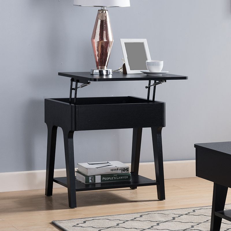 FC Design Black End Table with Lift Top Table Top and Bottom Shelf