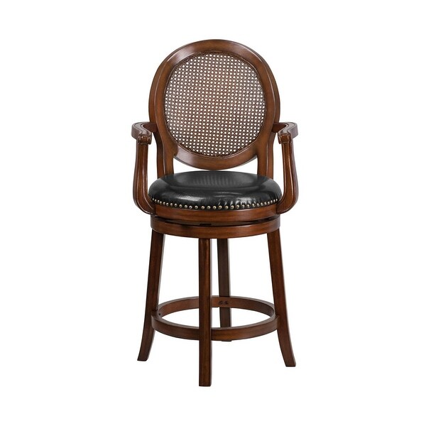 Offex 26'' High Expresso Wood Counter Height Stool with Arms， Woven Rattan Back and Black LeatherSoft Swivel Seat - N/A