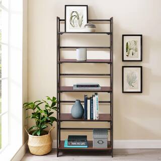 VECELO 5 Shelf Bookcase No-Assembly Folding-Bookshelf Industrial Standing Racks Study Organizer with Metal Frame ，Brown 1 KHD-XJM-B01