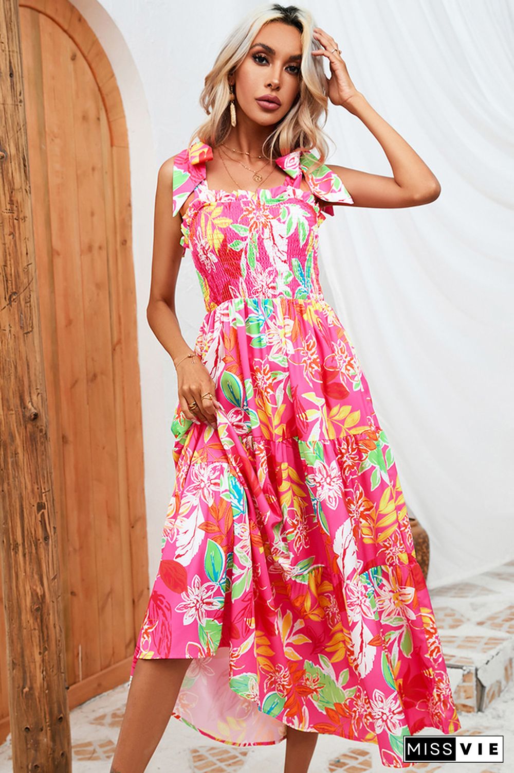 Smocked Tie Strap Tiered Floral Maxi Dress