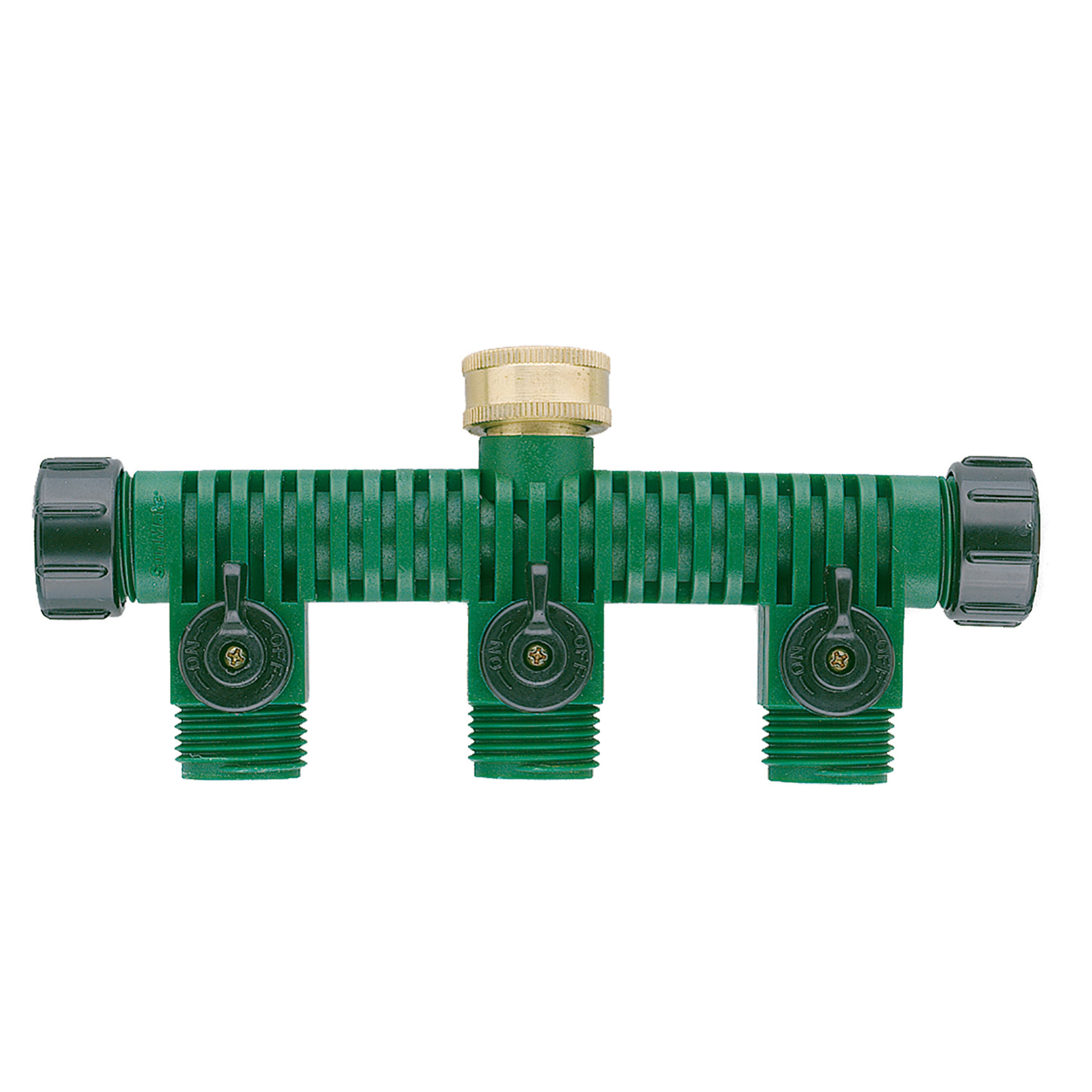 Orbit 3-Port Plastic Hose Faucet Manifold with Shut-off Valves and 2-Side Connections， Green