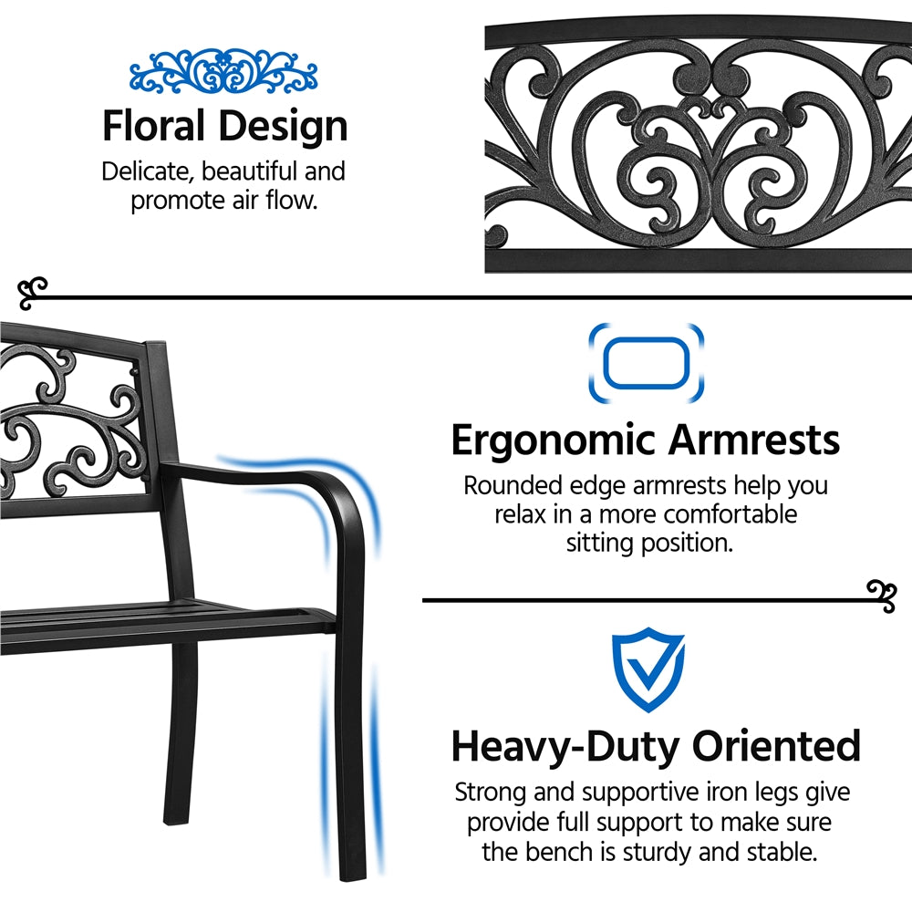 SMILE MART Outdoor Metal Garden Bench with Scroll Pattern, Black