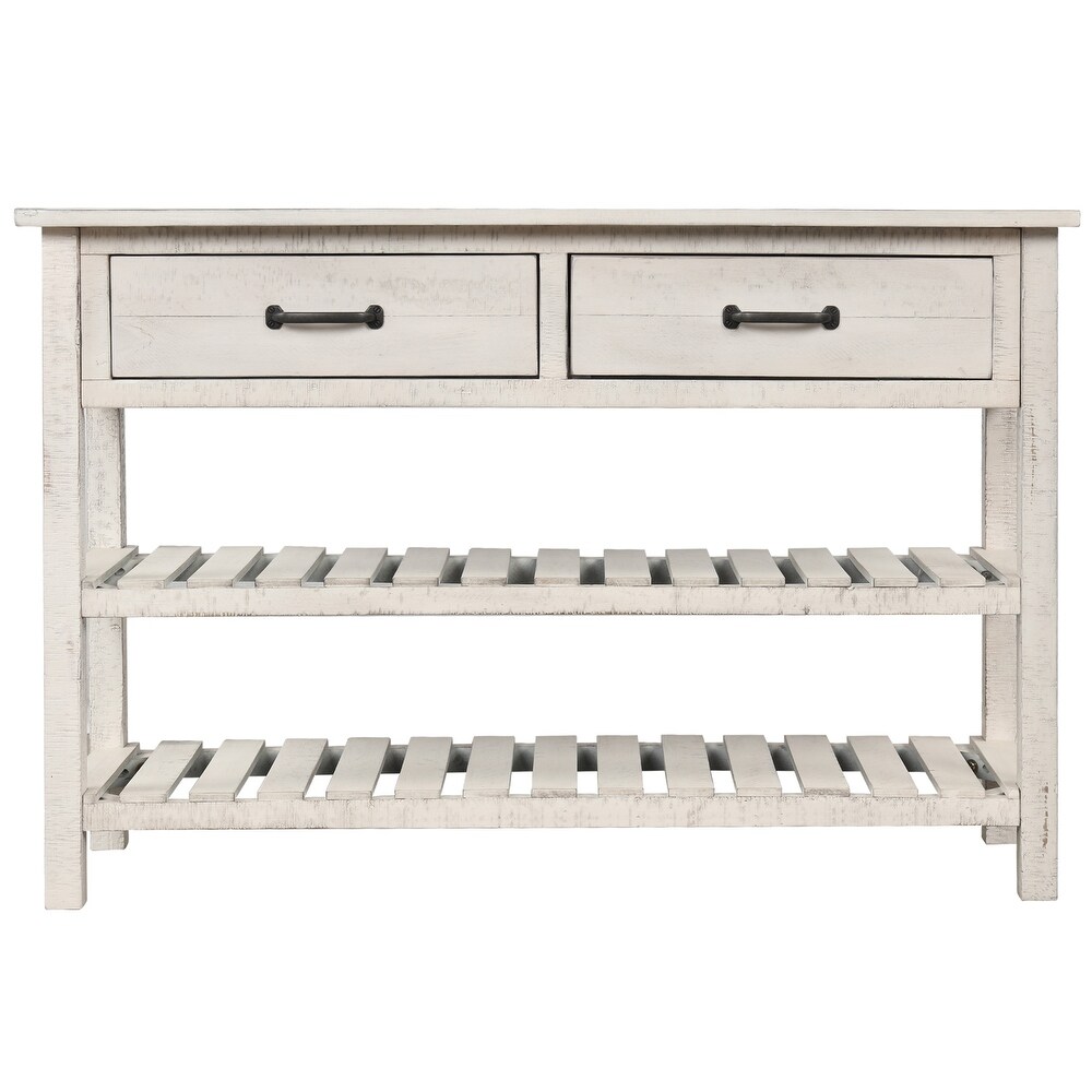 Rectangular Console Table with Clean Lines   with Two Open Slatted Shelves   Two Drawers