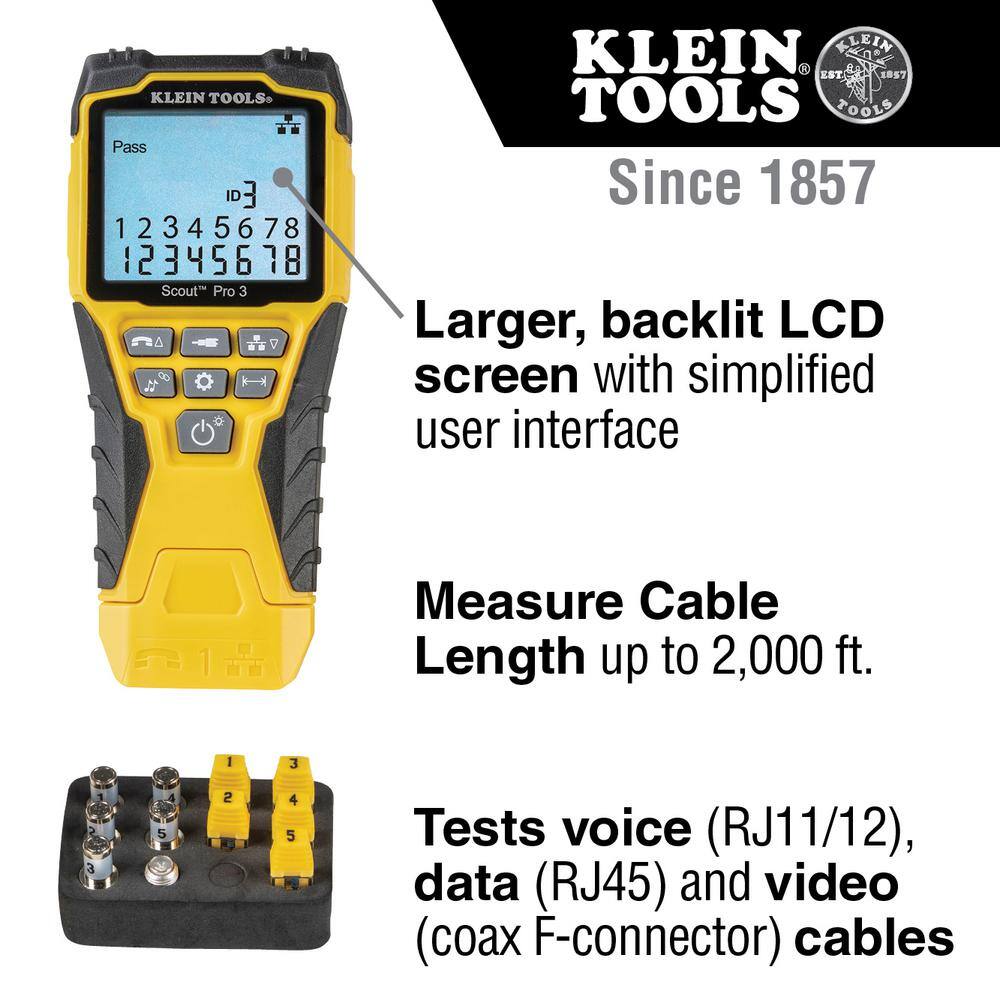 Klein Tools Cable Tester Kit with Scout Pro 3 Tester Remotes Adapter Battery and Combination Radial Stripper M2O41520KIT