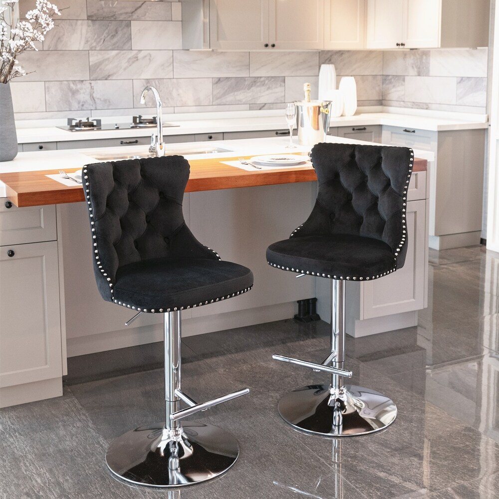 Velvet Swivel Chrome Base Bar Stools Black Button Tufted Barstools with Adjusatble Seat Height and Footrest Dining Chair 2pcs