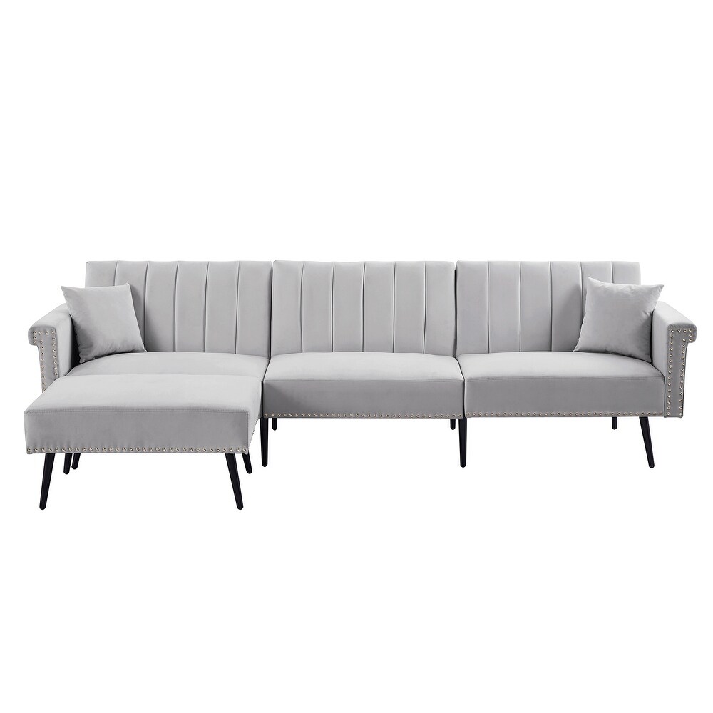 Velvet Upholstered L Shaped Sectional Sofa Convertible Sofa Bed with Nailhead Trim and Ottoman  Adjustable Backrest Positions