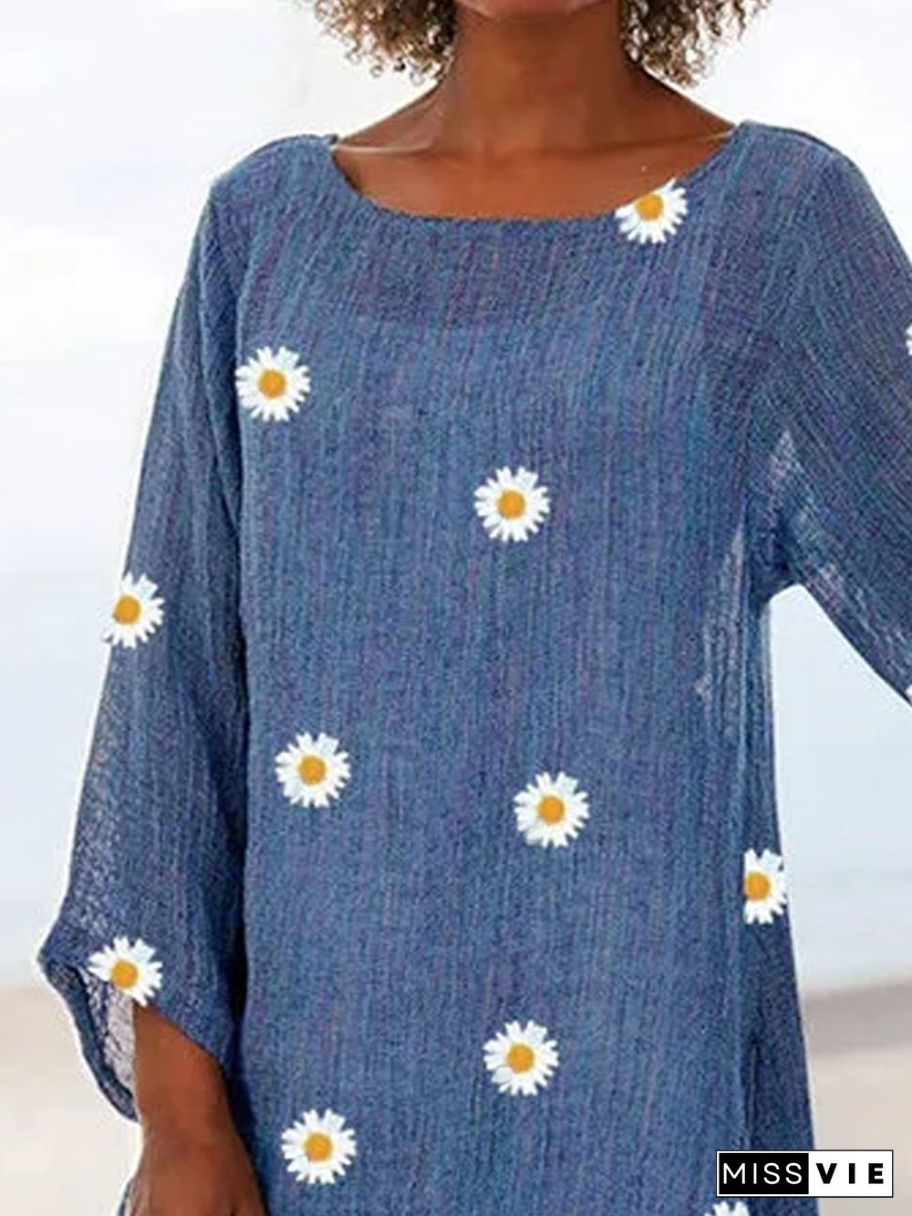 Blue Cotton Round Neck Printed Long Sleeve T-shirt