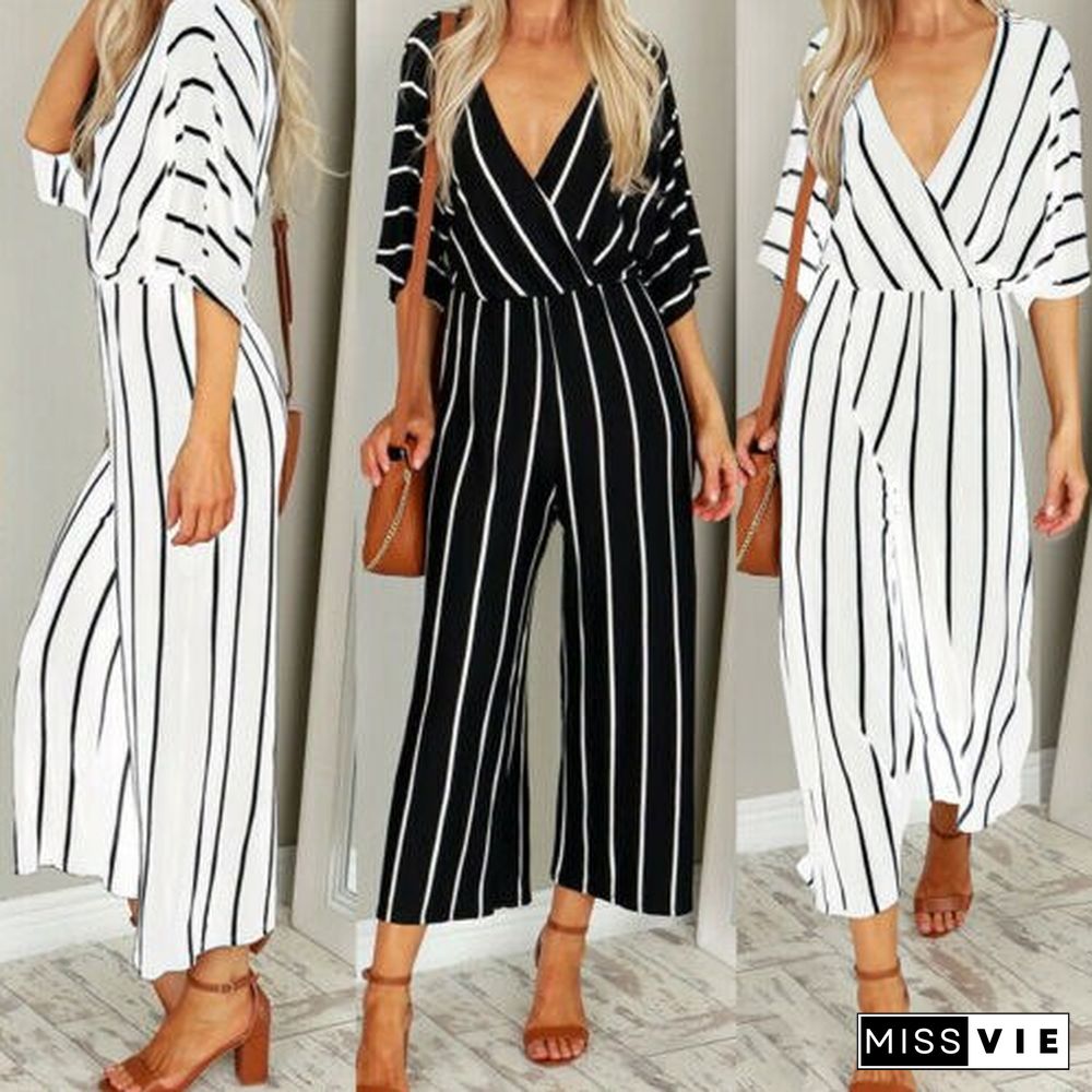 Wide Leg Pants Jumpsuit Ladies Half-sleeved Striped Loose Loose Trousers Jumpsuit Overalls