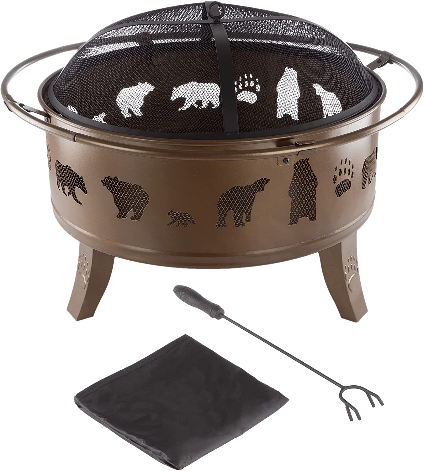 Nature Spring 50-LG1202 32” Outdoor Deep Fire Pit-Round Large Steel Bowl with Bear Cutouts， Mesh Spark Screen， Log Poker and Storage Cover-Patio Wood Burning， Antique Gold