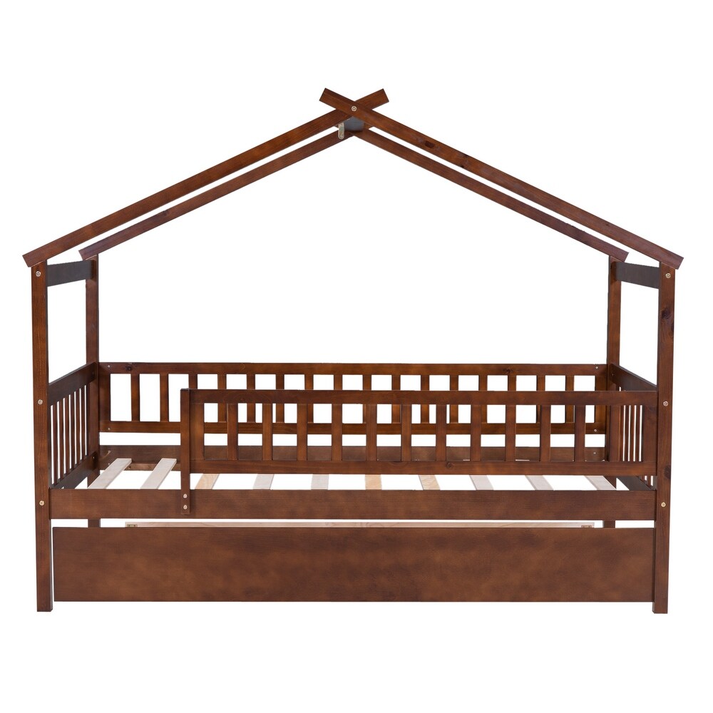 Nordic Twin Size Wooden House Bed with Twin Size Trundle Bed Frame   Safety Guard Rails No Box Spring Needed  Easy Assembly