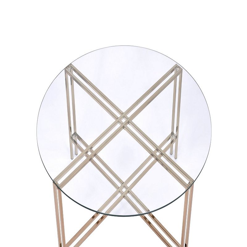 Coffee Table with X Shaped Metal Base and Round Glass Top， Gold