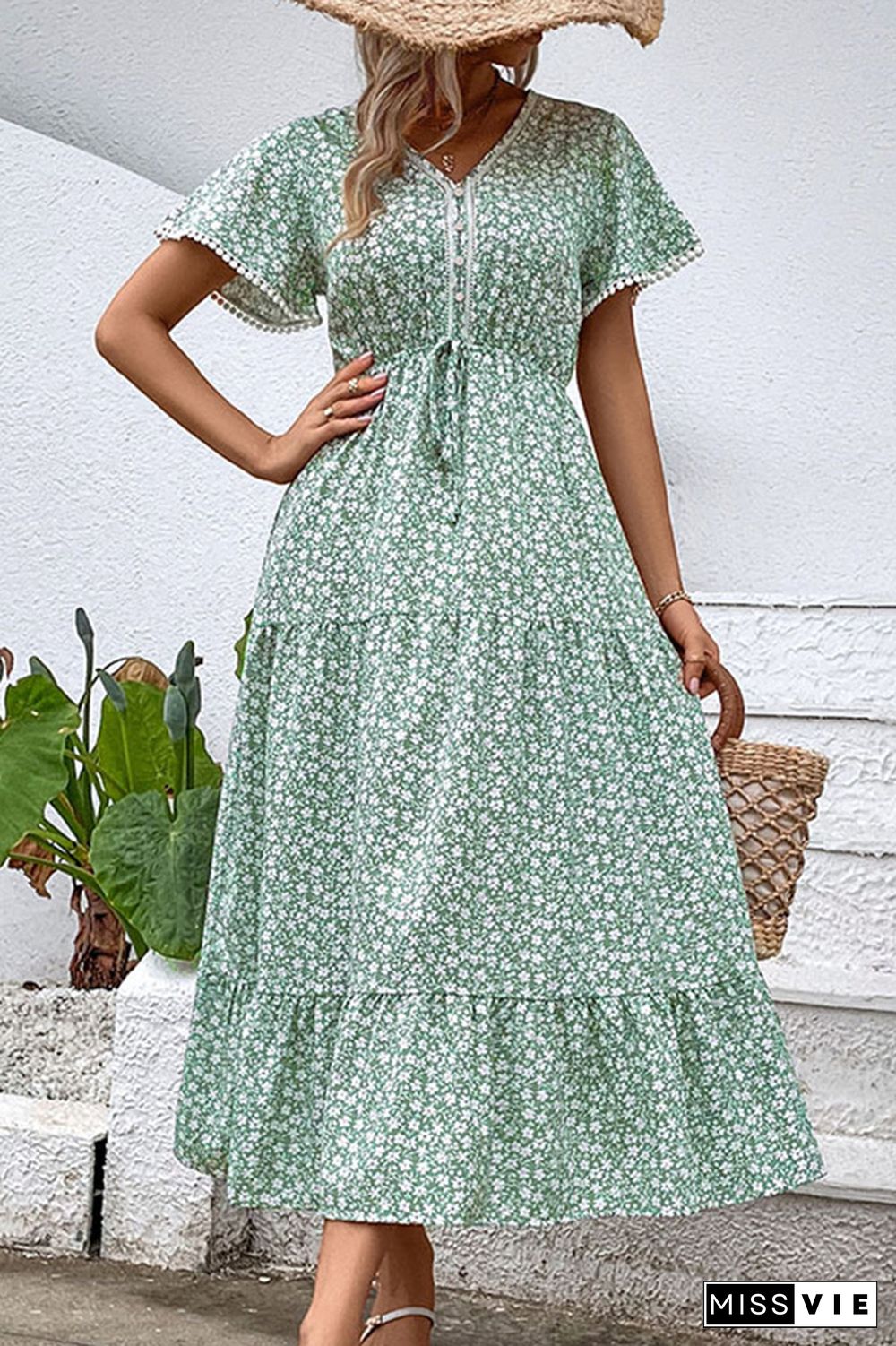 Green Flower Print Pom Pom Long Dress