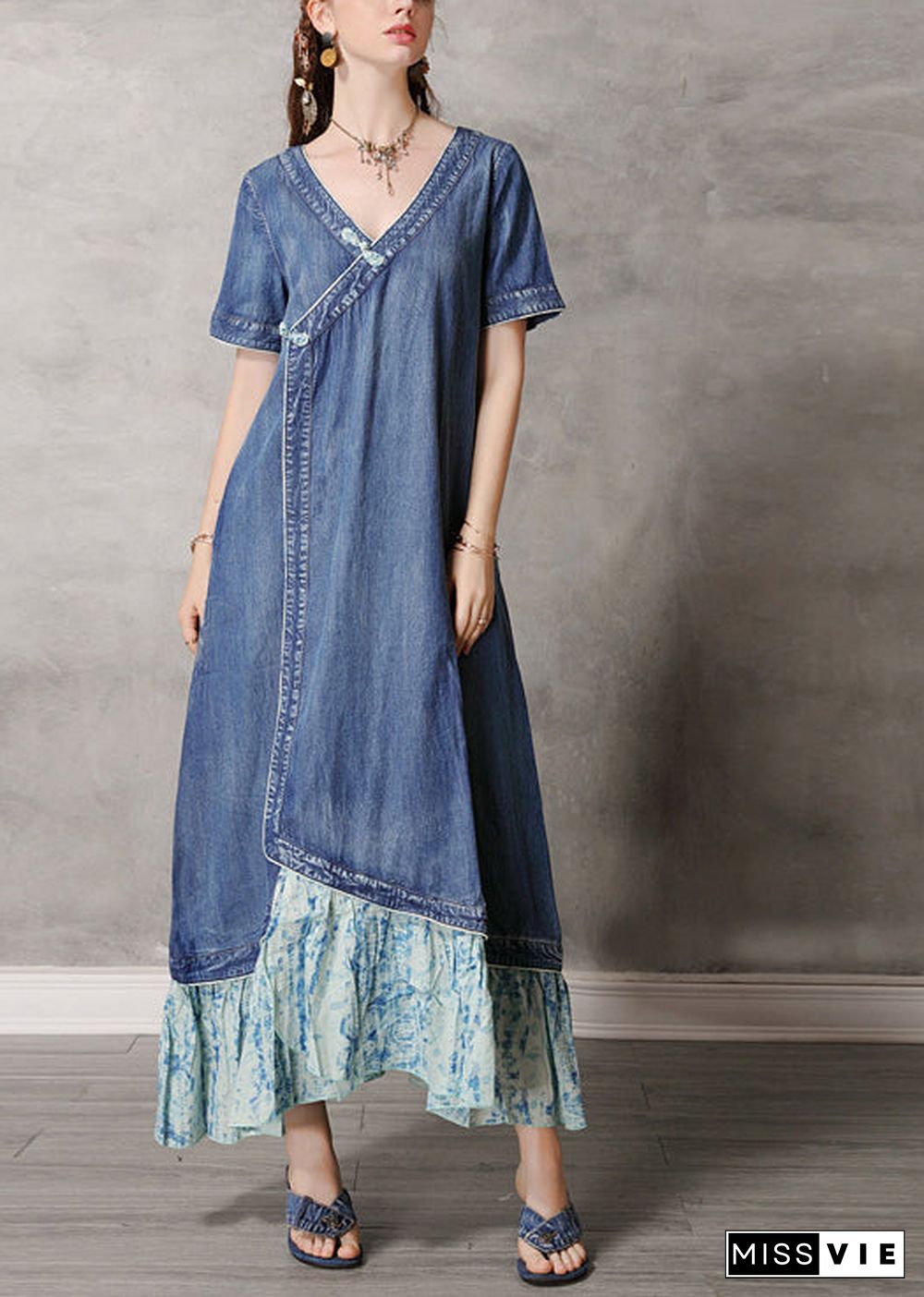 Boutique Blue V Neck Patchwork Cotton Denim Dress Short Sleeve