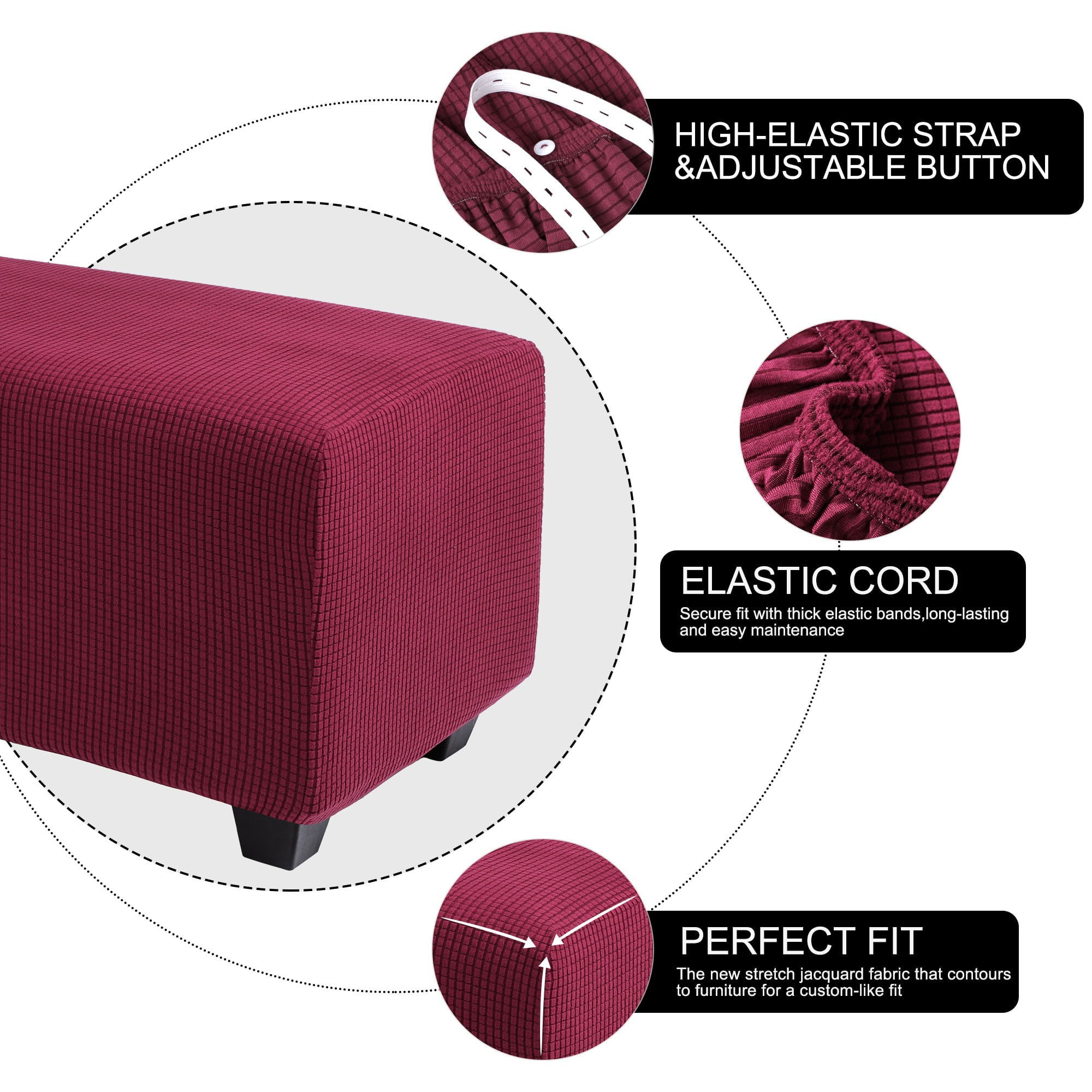 PiccoCasa Stretch Ottoman Slipcover Jacquard Rectangle Footstool Cover Burgundy Small