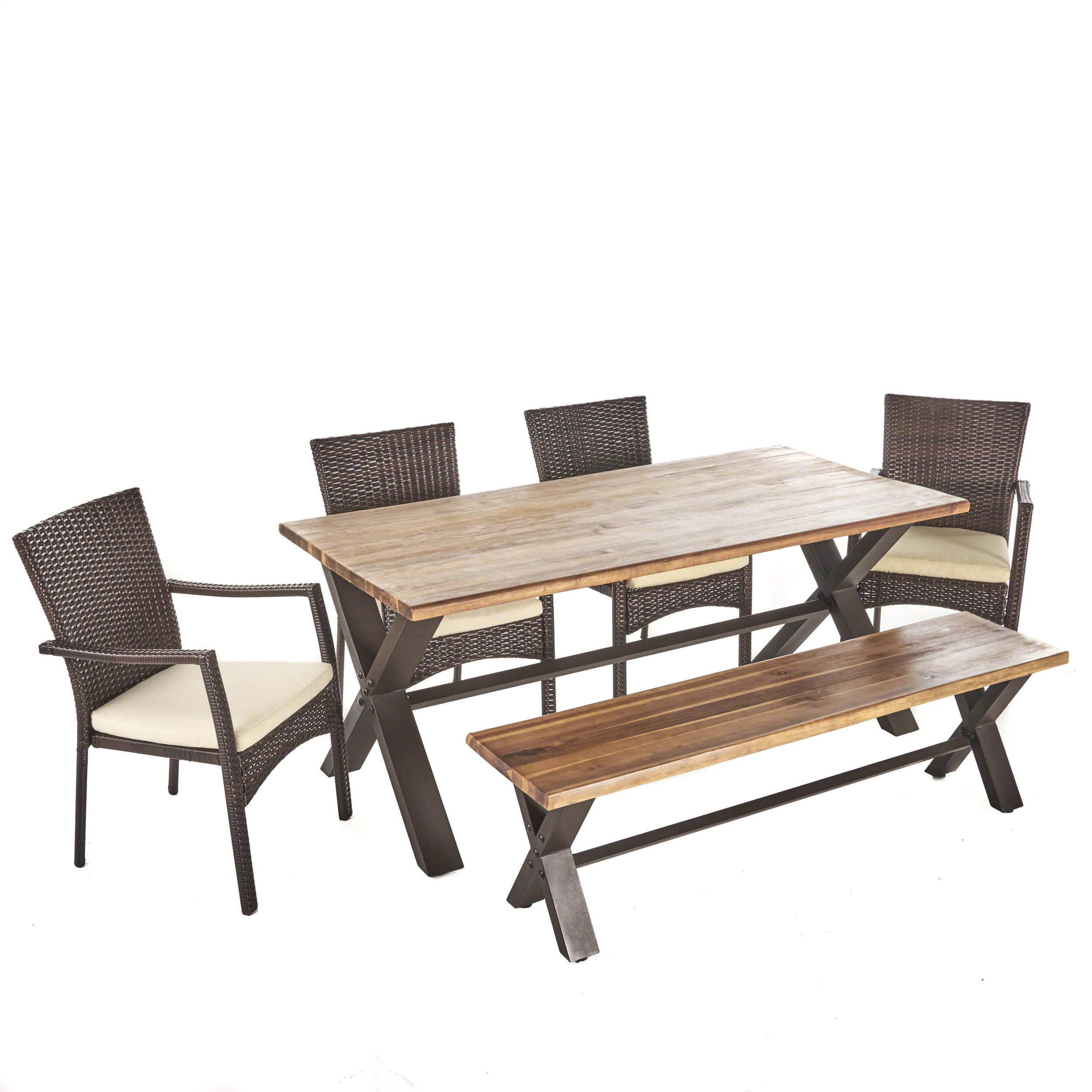 Brent Outdoor 6 Piece Acacia Wood Dining Set with Wicker Dining Chairs