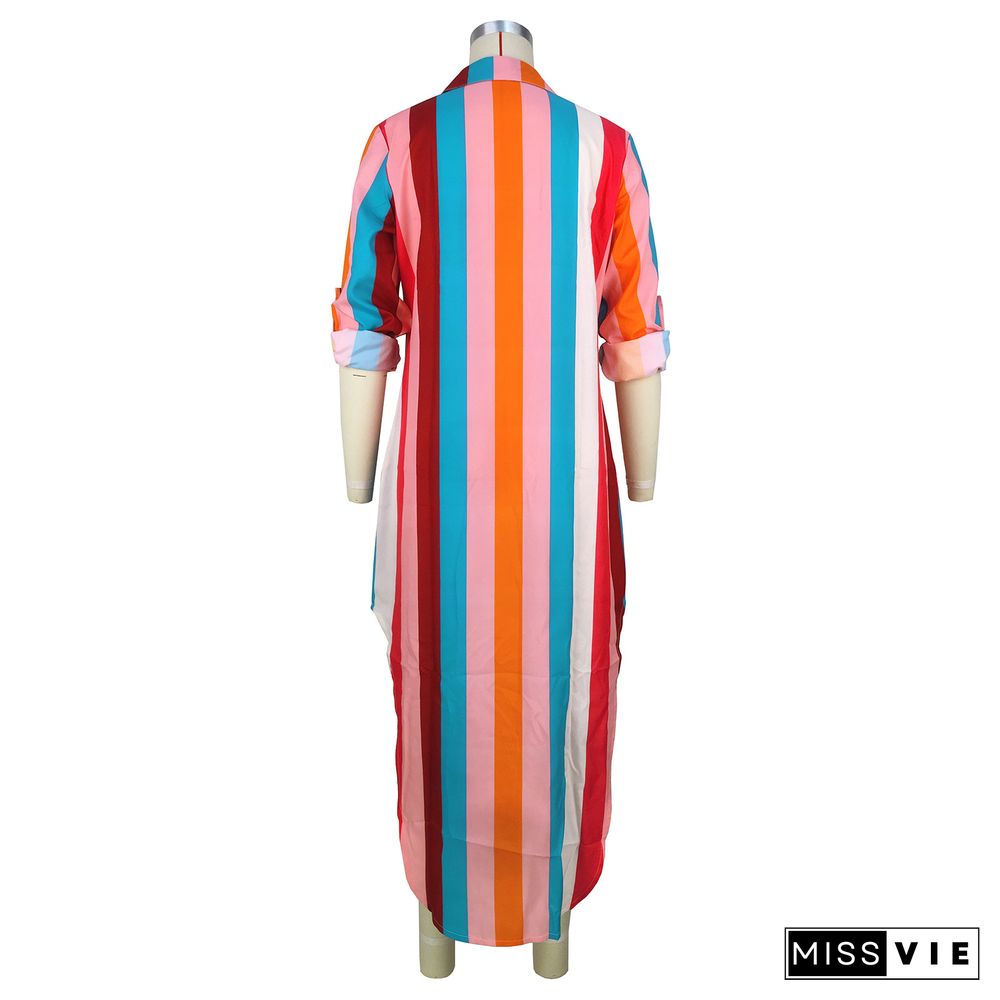 Multicolor Print Striped Button Pocket Dress