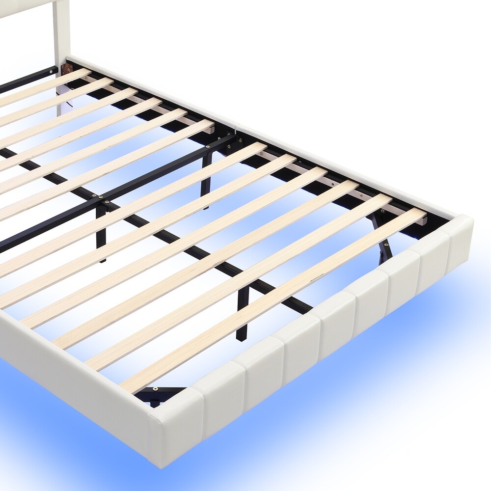 Floating Bed Frame w/ LED Lights Headboard Unique PU Upholstered Platform LED Bed Frame w/ USB Power Strips No Box Spring Needed