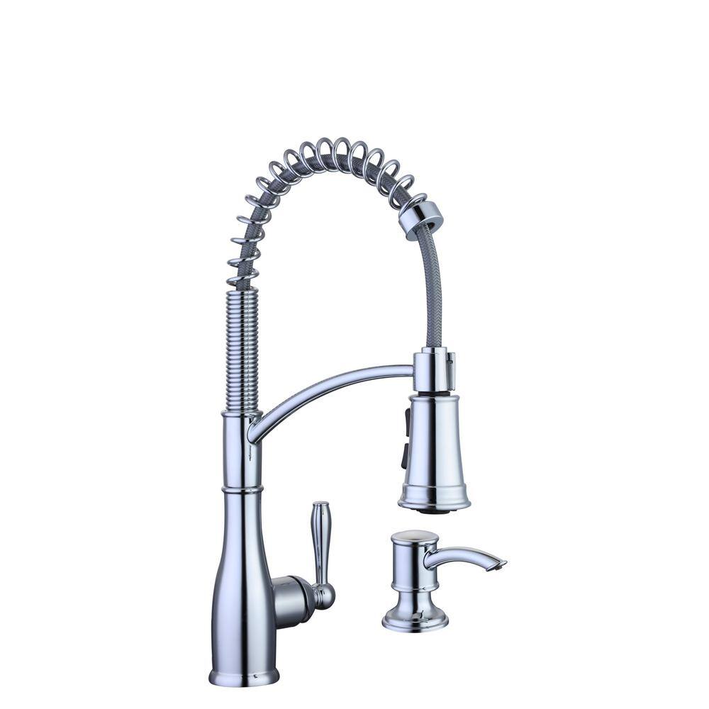 Glacier Bay Mandouri Single-Handle Spring Neck Pull-Down Sprayer Kitchen Faucet with Soap Dispenser in Polished Chrome HD67458-1301