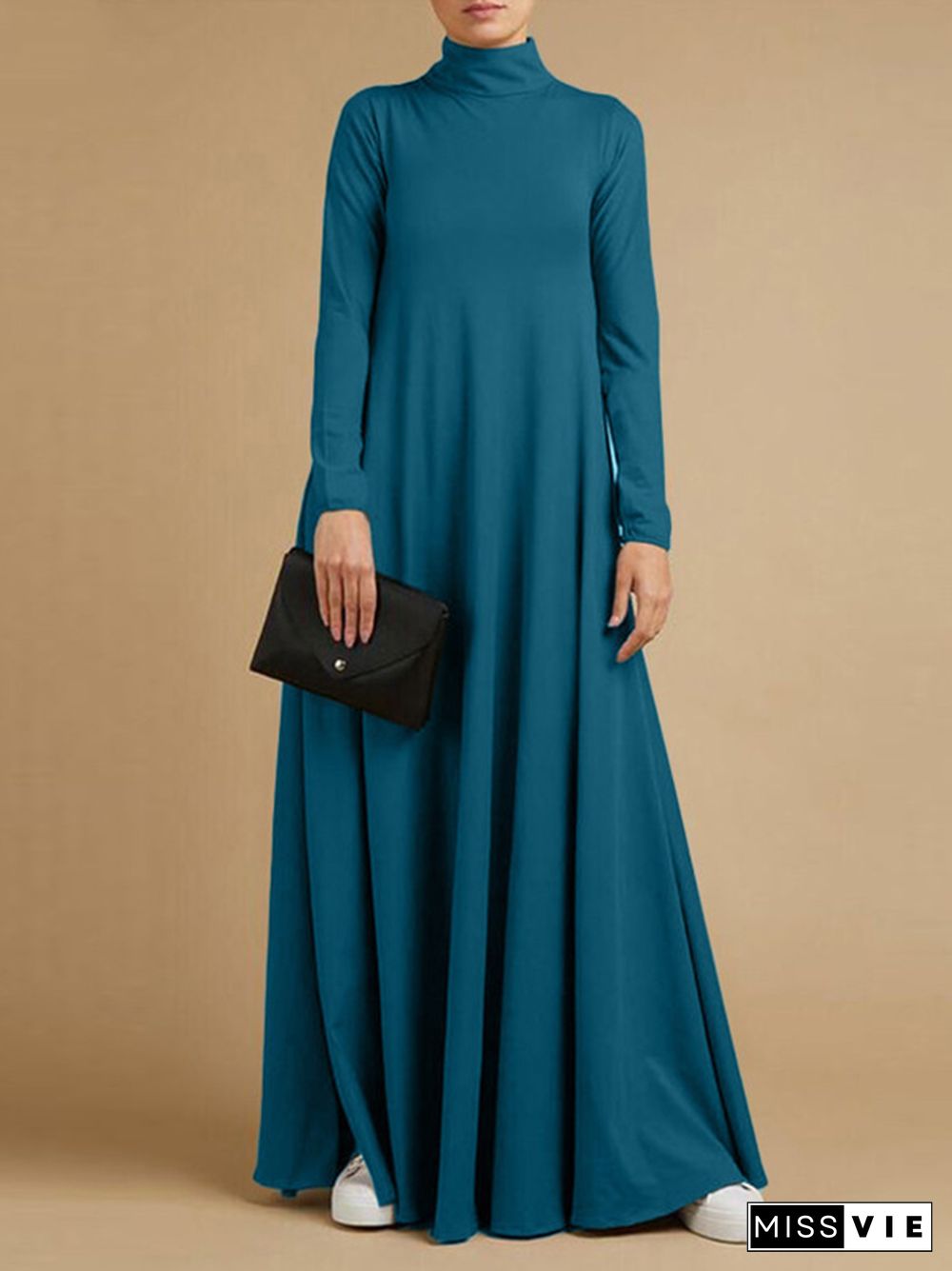 Casual Loose 4 Colors High-Neck Long Sleeves Maxi Dress