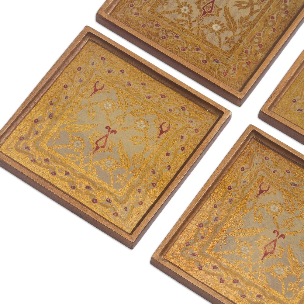 NOVICA Artisan Handblown Reverse Painted Glass Coasters Floral Goldtone Wood Peru Tableware 'Colonial Gold'(Set of 4)