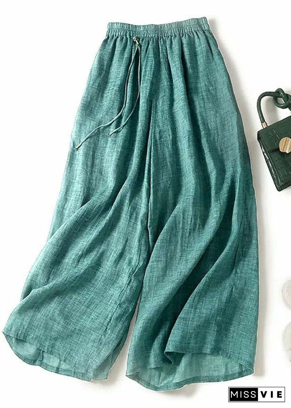 Italian Green Tasseled Patchwork Linen Wide Leg Pants Summer