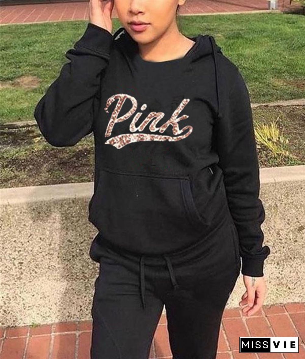 PINK Letter Loose Hoodies Jogger Sweat Pants Sets