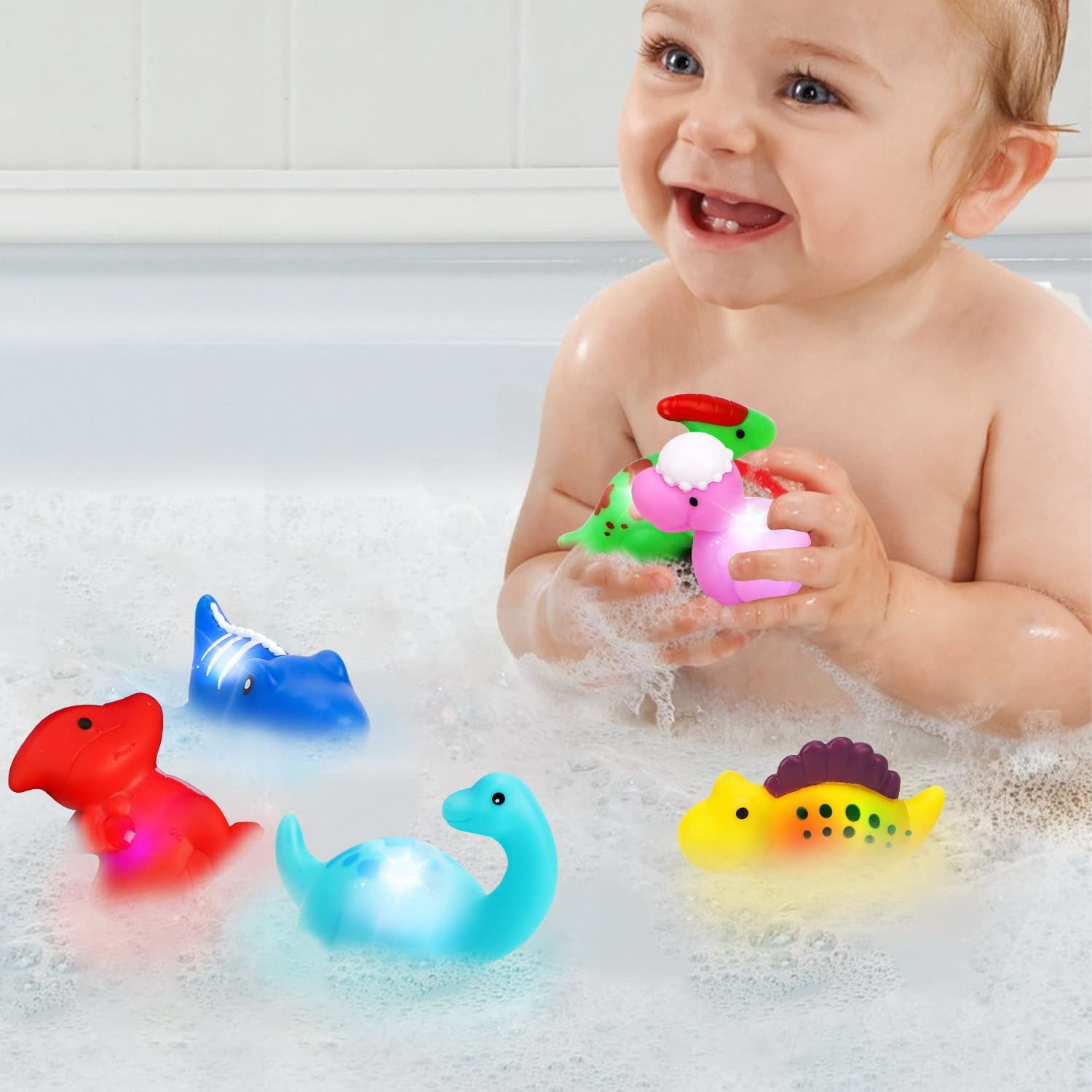 TOY Life 9 Pcs Dinosaur Light Up Bath Toys for Toddlers 3 4 5 6， Kids Bath Toys， Toddler Bath Toys Age 3-4， Bath Tub Toys 3-4， 9 Packs Rubber Animals Bath Toys， Fun Bath Toys for Girls Boys Baby