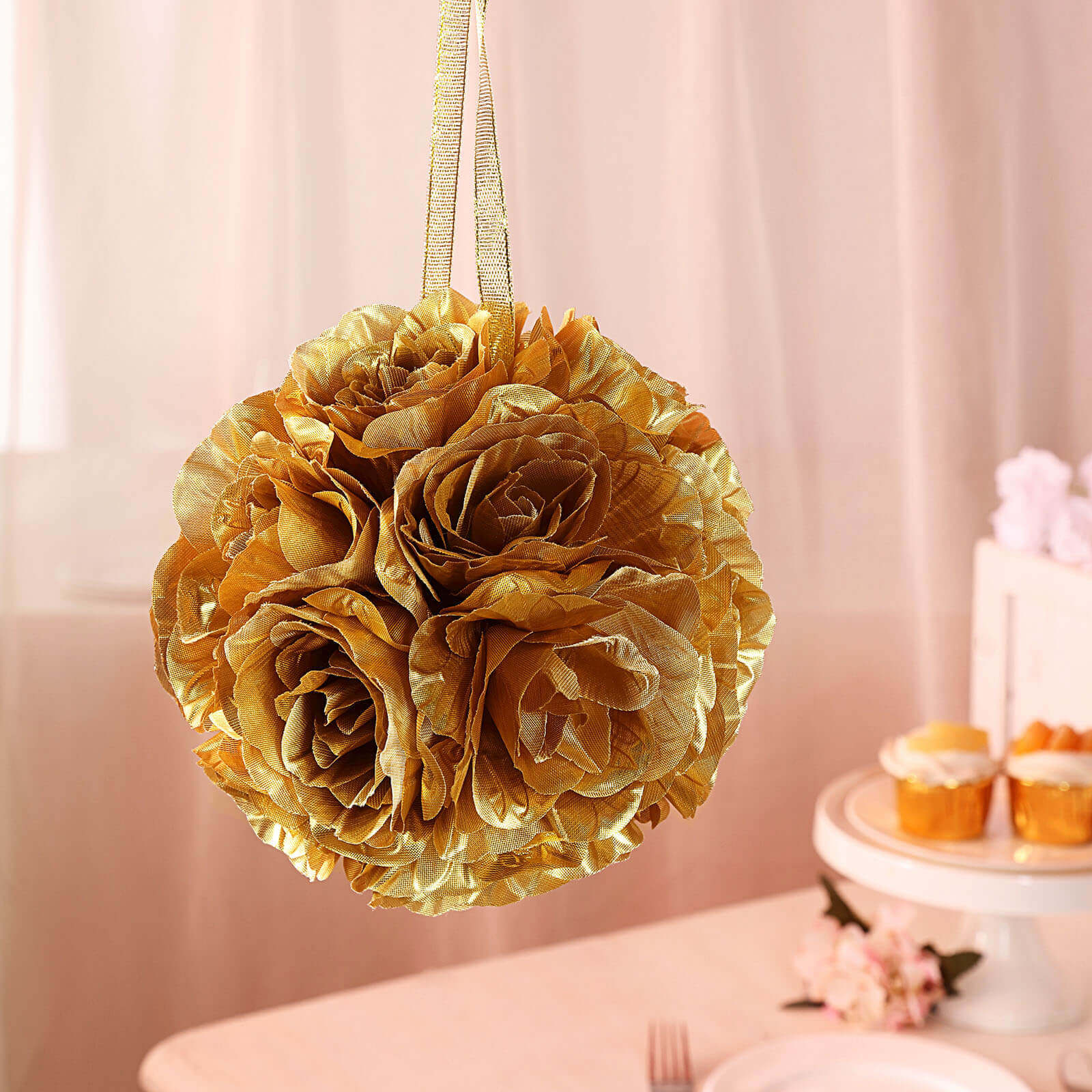 2 Pack Gold Artificial Silk Rose Kissing Ball, Faux Flower Ball 7