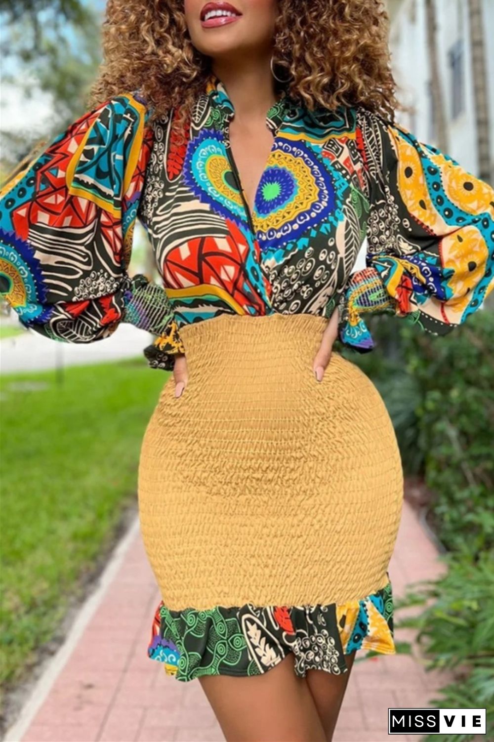 Casual Print Patchwork V Neck Long Sleeve Dresses