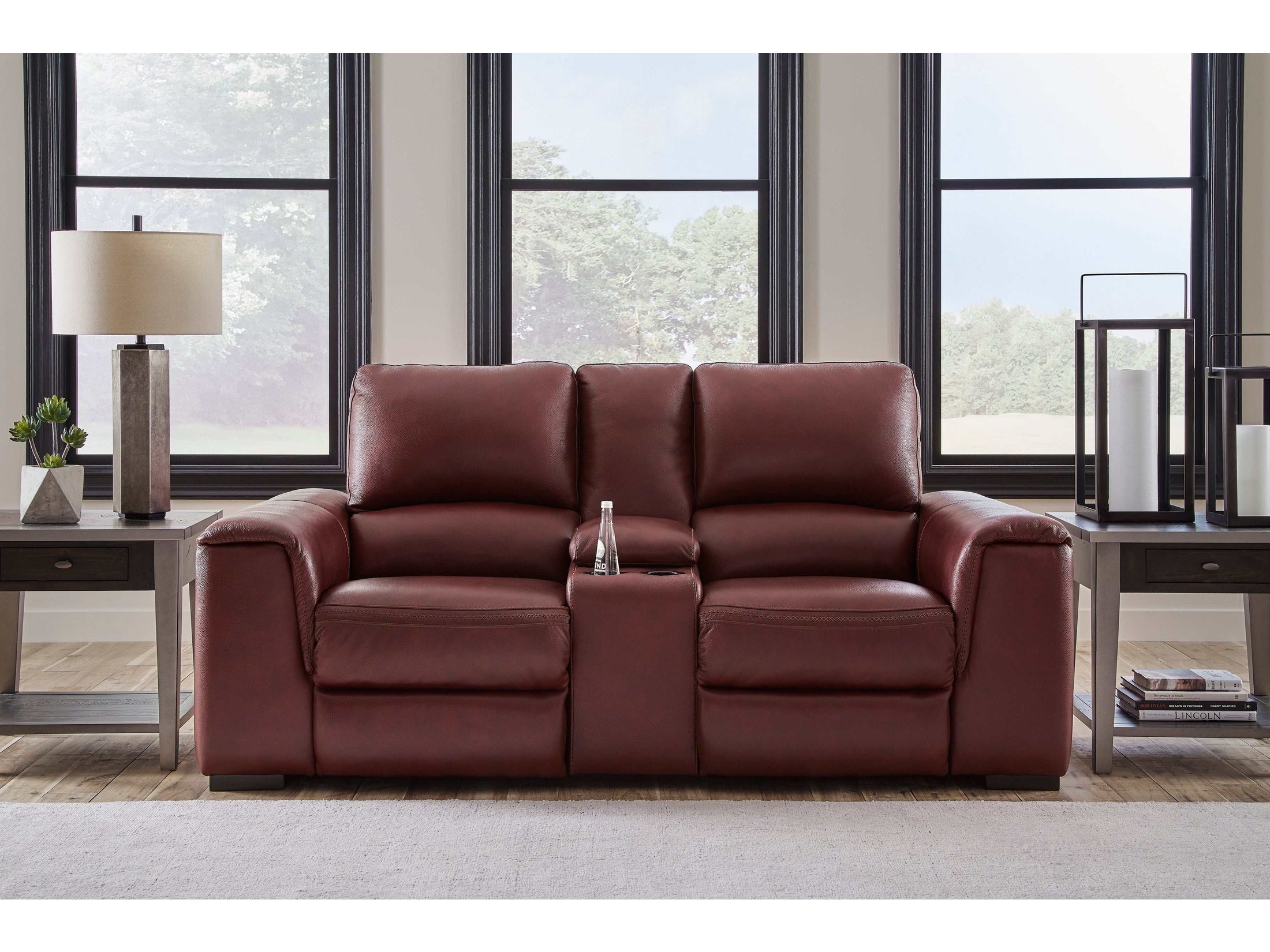 (Online Special Price) Alessandro Garnet Leather-match Power Reclining Loveseat w/ Console