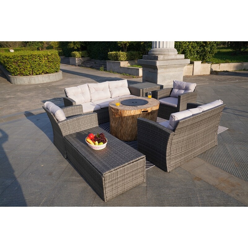 7 Piece Outdoor Wicker Conversation Sofa Set with Fire Pit