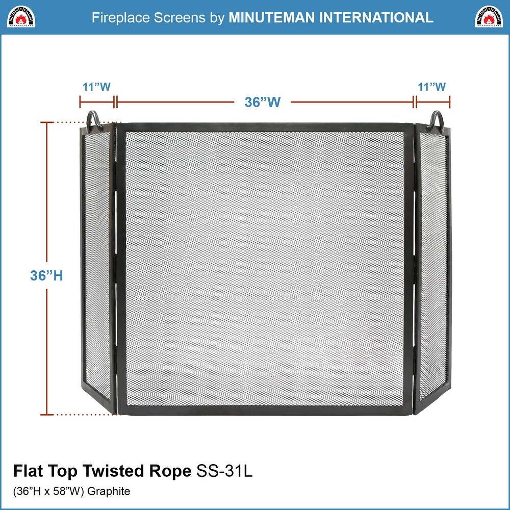 Minuteman International Large Flat Top Twisted Rope Folding Fireplace Screen  58 Inch Long  Graphite Finish