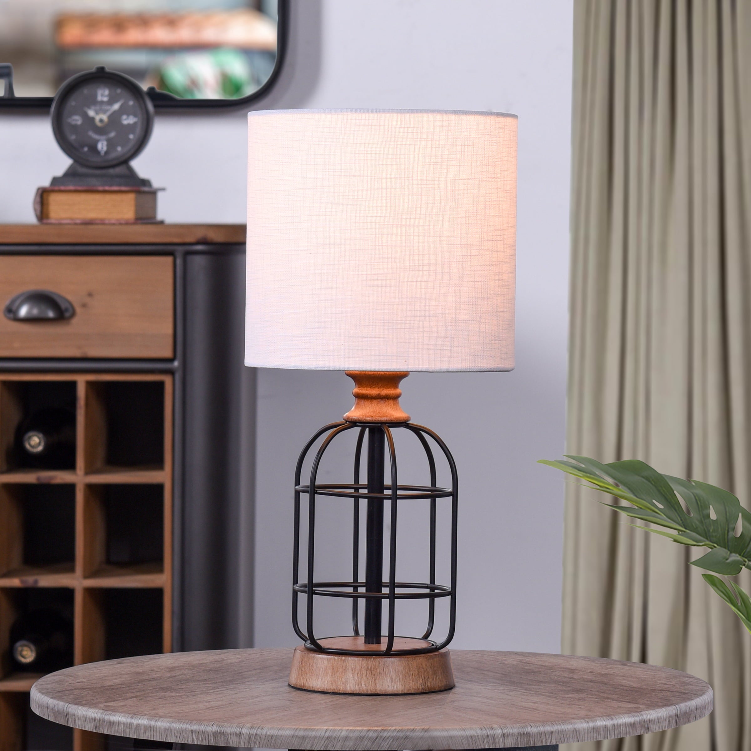 Mainstays Black Metal Cage Table Lamp with Wood Accents and Drum Shade, 17