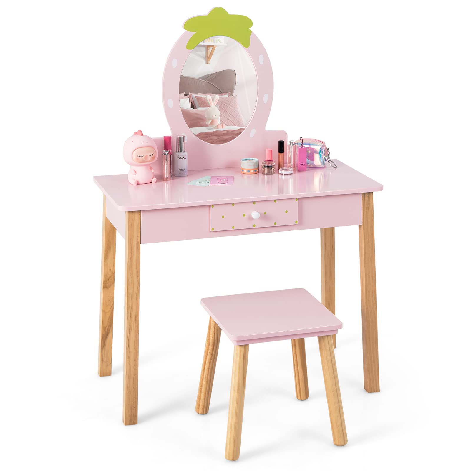 Costzon Kids Vanity Set with Mirror, Wooden Princess Makeup Dressing Table with Stool & Storage Drawer