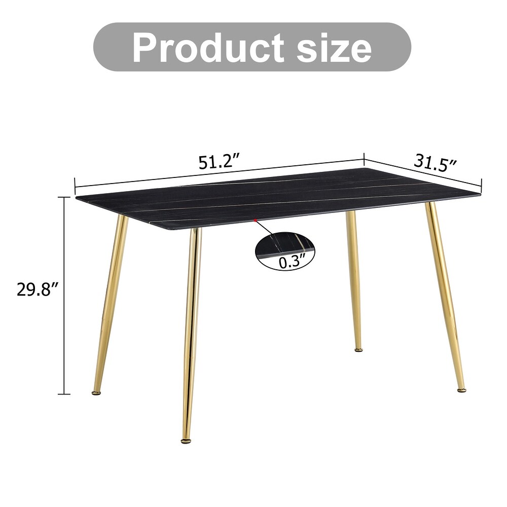 Modern rectangular black imitation marble dining table  0.3 inches thick  metal legs for kitchen  dining room