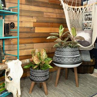 Flora Bunda 18 in. and 10 in. Black Tribal Fiberglass Plant Pot on Wood Stand Mid-Century Planter (Set of 2) CTF259E2-BK