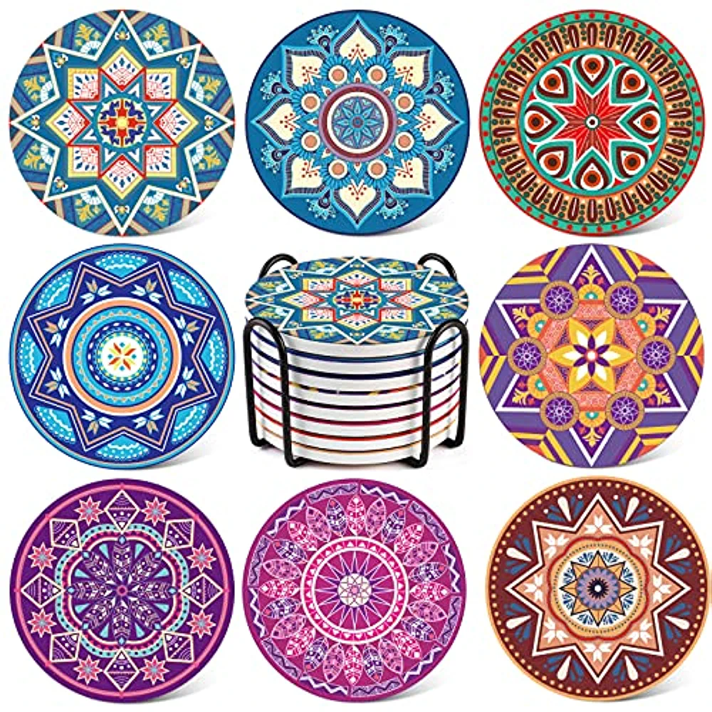 Patiofeel 8 Packs Absorbent Drink Coaster Sets， Mandala Style Ceramic Coasters with Holder， 4 Inches Coasters for Drinks with Cork Base，Ideal Thanksgiving and Housewarming Gifts