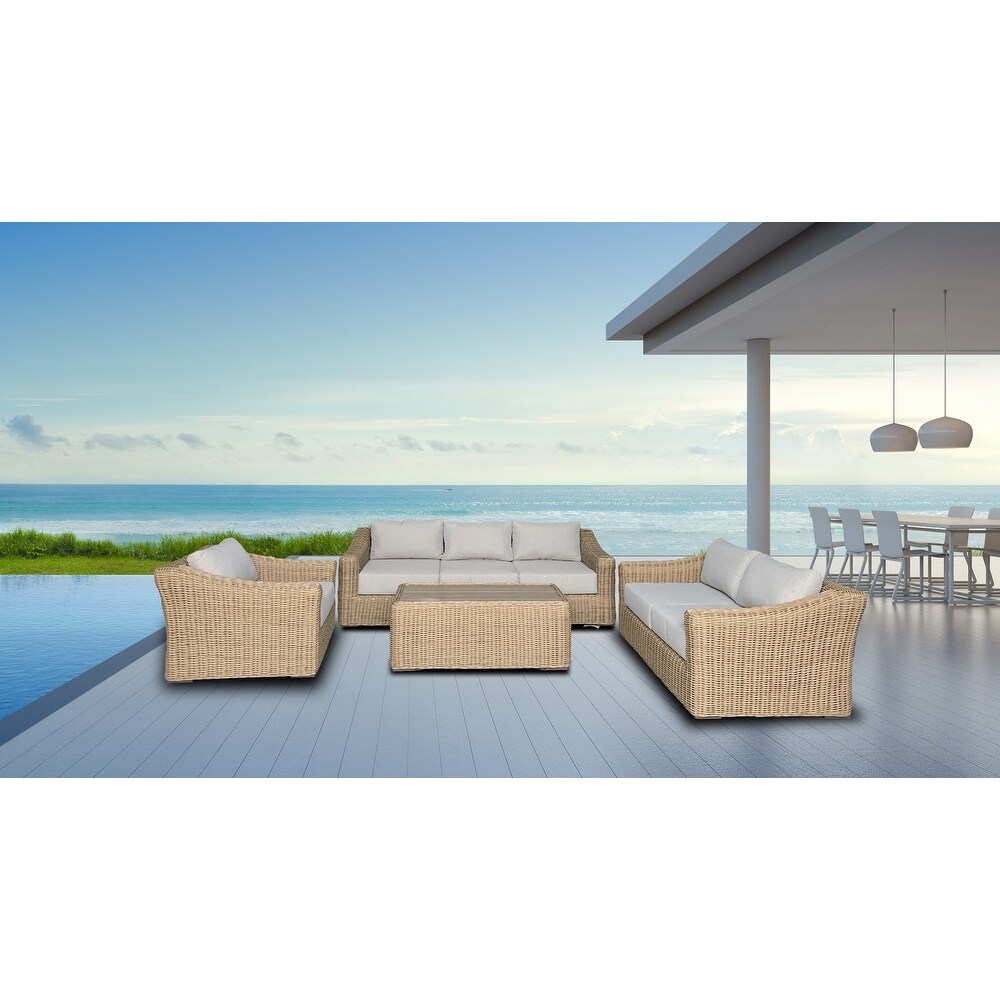 Tulum Deep Seating Set 4 Piece Outdoor Patio Furniture Rattan Wicker Includes Light Grey Olefin Cushion