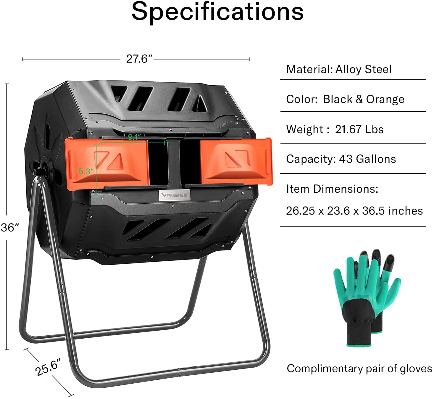 VIVOSUN Outdoor Tumbling Composter Dual Rotating Batch Compost Bin, 43 Gallon Orange Door