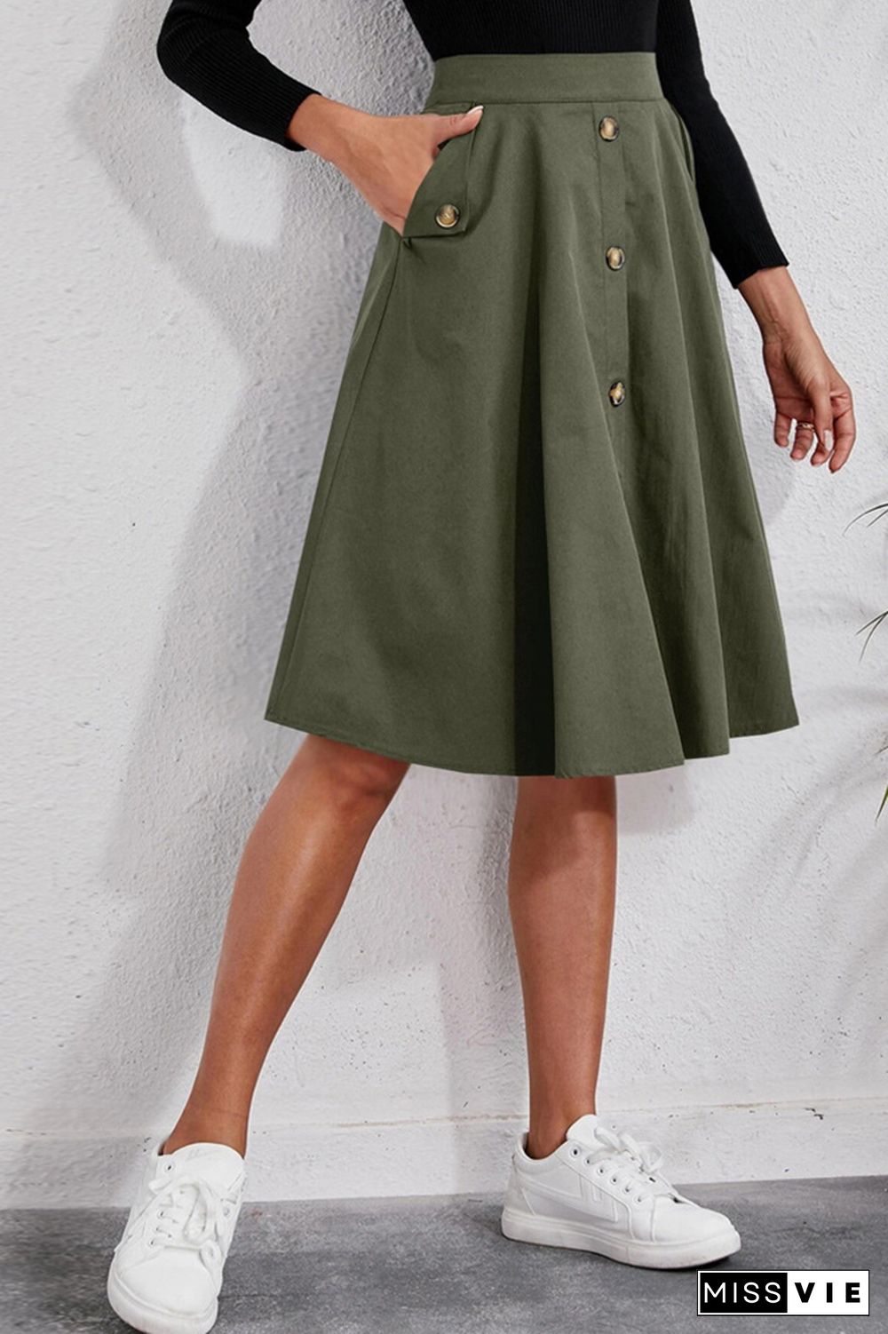 Army Green Button Down Pocket Flowy Skirt