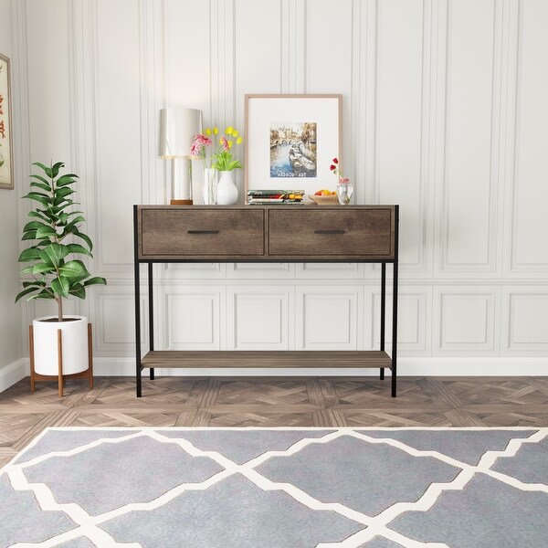 Classic Console Table with Two Top Drawers and Open Shelf，Vintage Storage with Sturdy Metal Frame