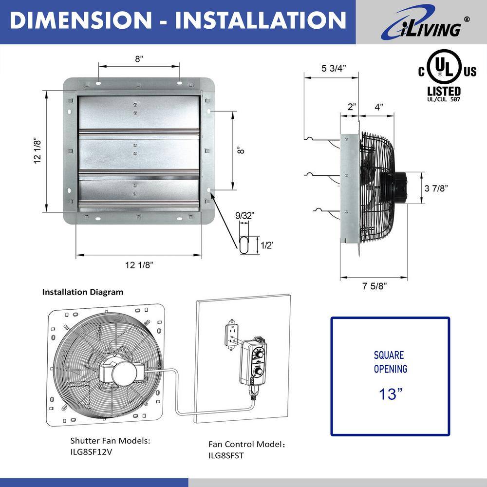 iLIVING 12 in. Shutter Exhaust Fan with Thermospeed Controller 65-Watt 960 CFM ILG8SF12V-ST