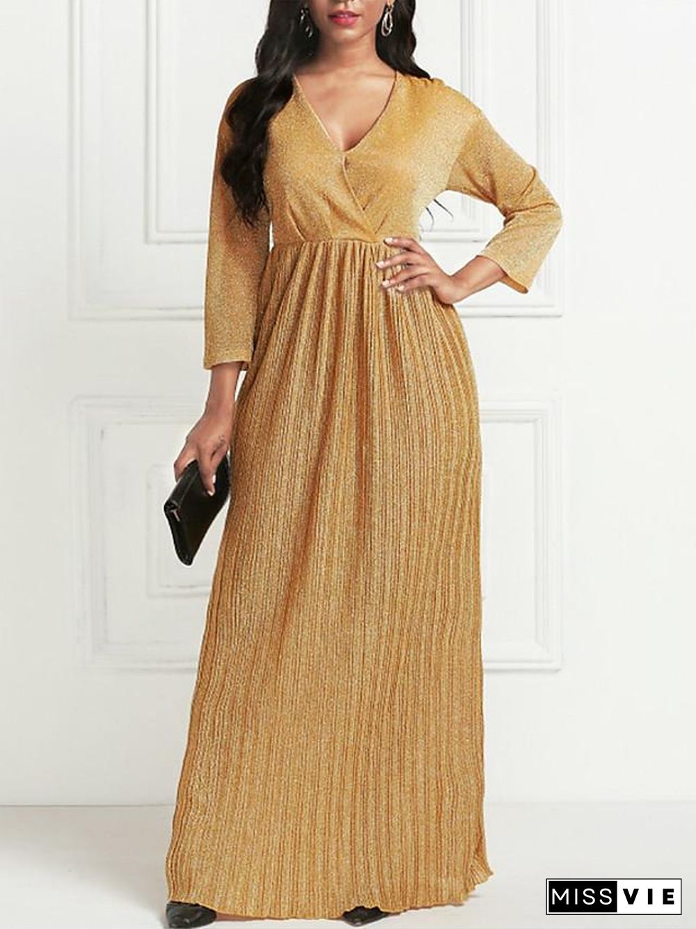 Women's Maxi long Dress 3/4 Length Sleeve Pleated Summer Hot Formal  Gold S M L XL XXL