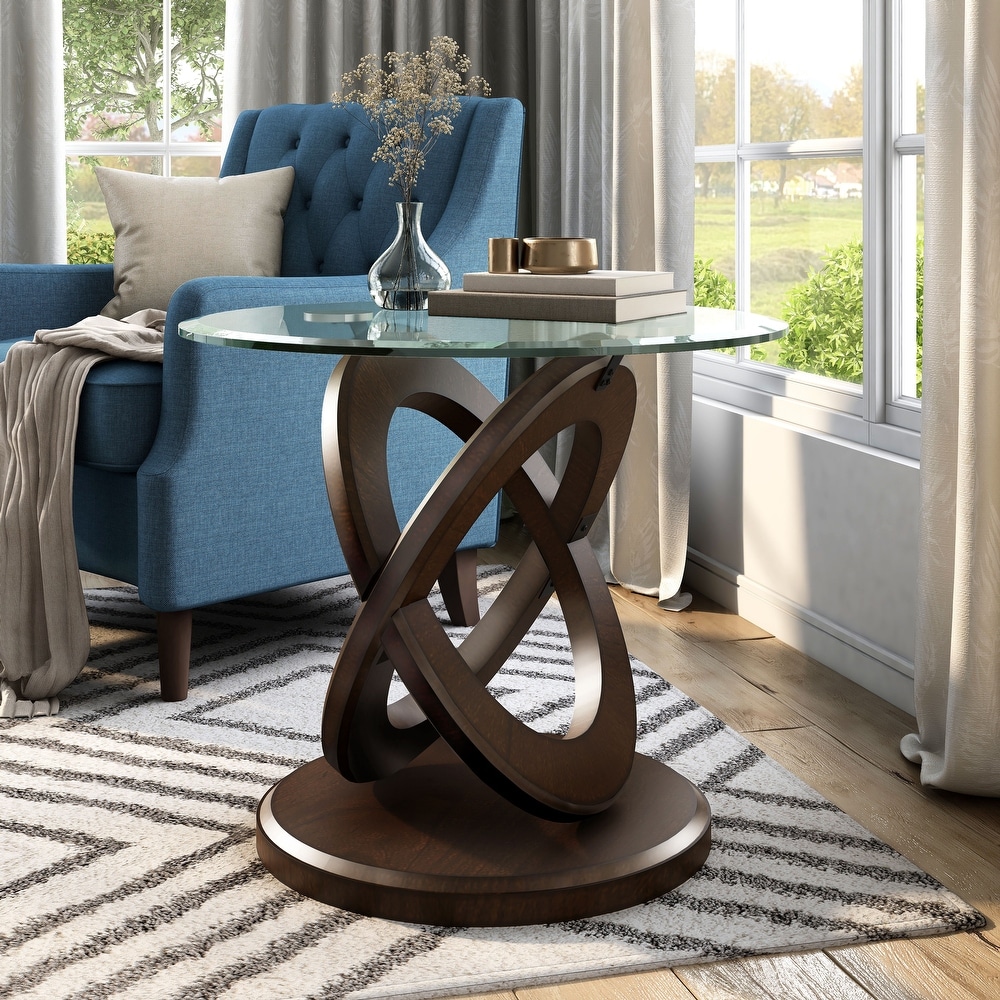 Faza Modern Dark Walnut 26 inch Glass Top Crossed Round Side Table by Furniture of America