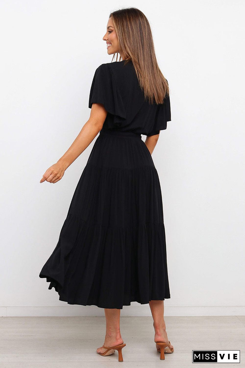 V Neck Tie Waist Short Sleeve Maxi Dress