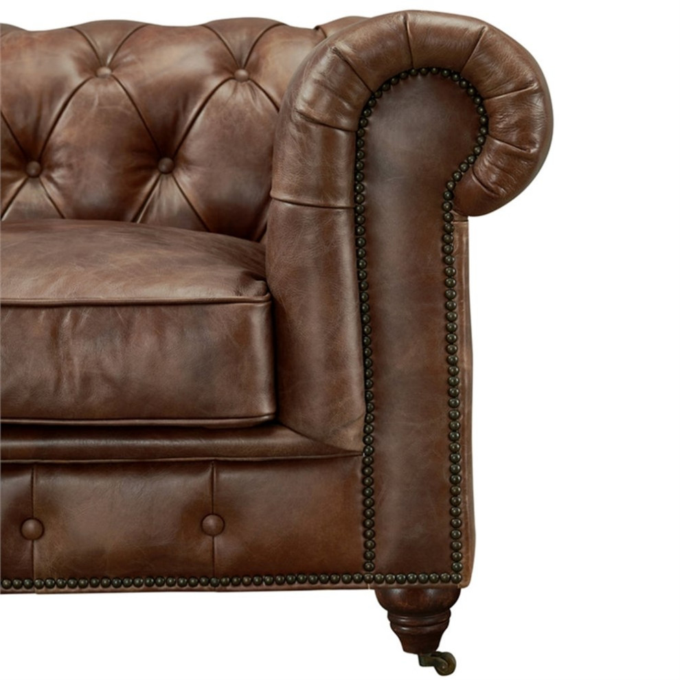 Century Top Grain Leather Chesterfield Love Seat  Bark Brown Leather   Traditional   Loveseats   by Homesquare  Houzz