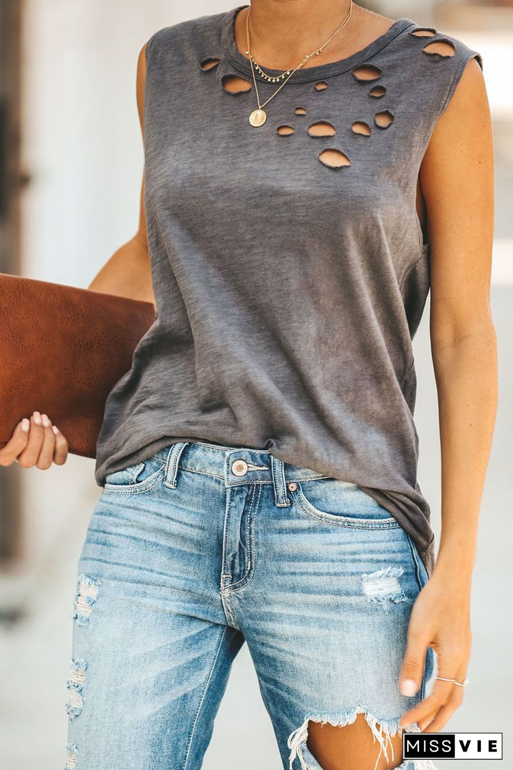 Gray Broken Hole Detail Sleeveless Crew Neck Tank Top