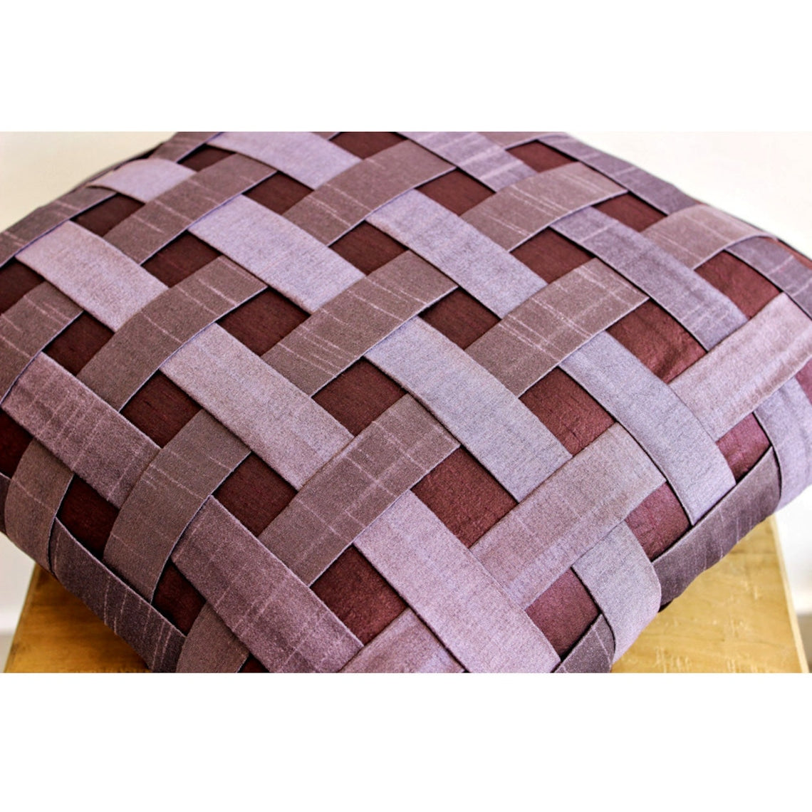 Purple Throw Pillow Cover， Contemporary Checkered Pillow Cover， 12x12 inch (30x30 cm) Pillow Cover， Art Silk Square Pillow， Textured Basket Weave - Purple N Plum Basket Weave