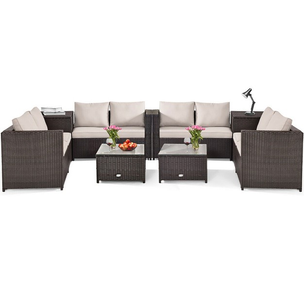 Costway 8pcs Outdoor Patio Rattan Furniture Set Cushioned Loveseat Storage Table