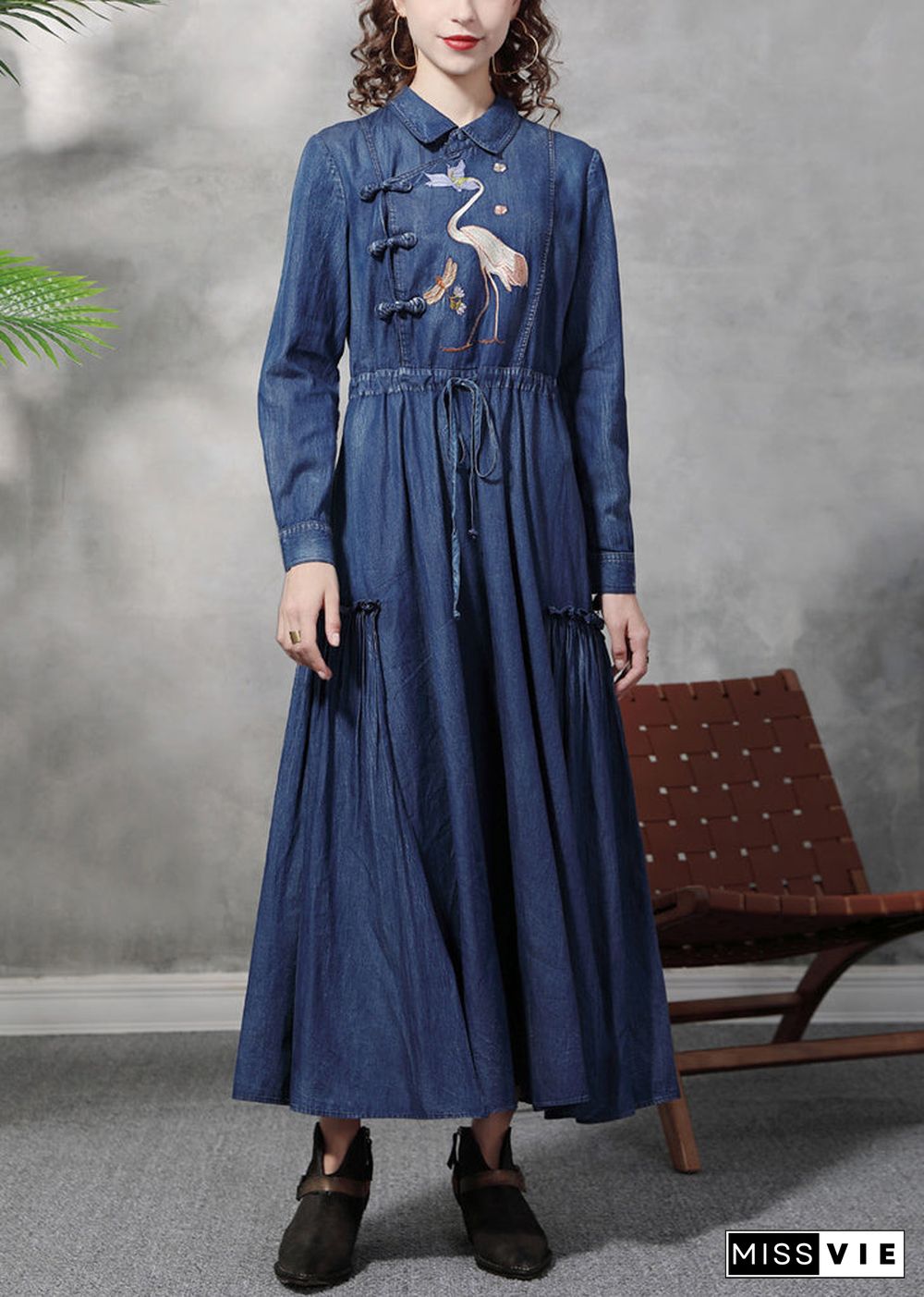 Plus Size Denim Blue Peter Pan Collar Embroideried Ruffled Drawstring Cotton Oriental Dresses Long Sleeve